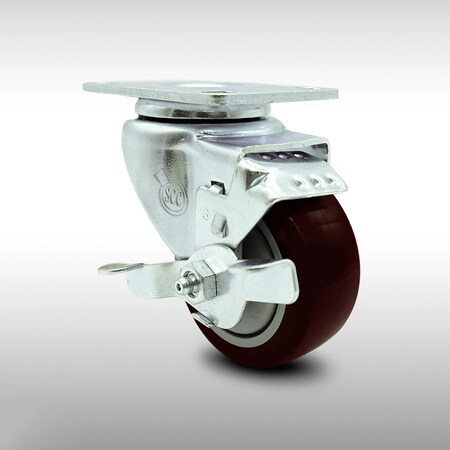 Service Caster 3 Inch SS Maroon Polyurethane Swivel Top Plate Caster with Brake SCC-SS20S314-PPUB-MRN-TLB